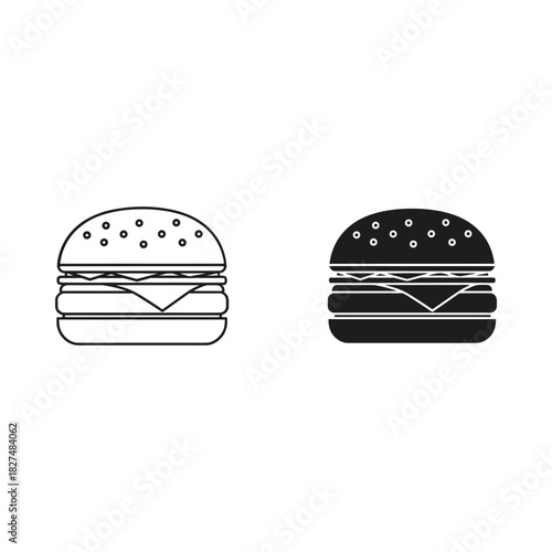 Simple outline and solid silhouette of a cheeseburger icon