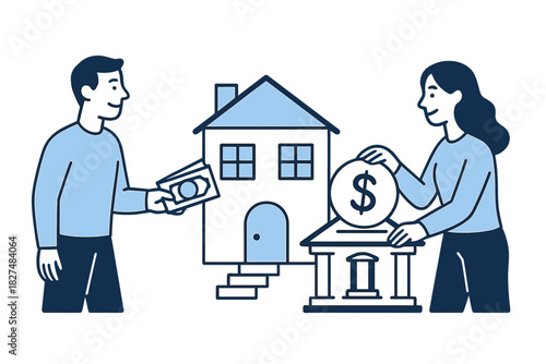 Couple managing finances for real estate purchase, showing cash payment and bank savings deposit