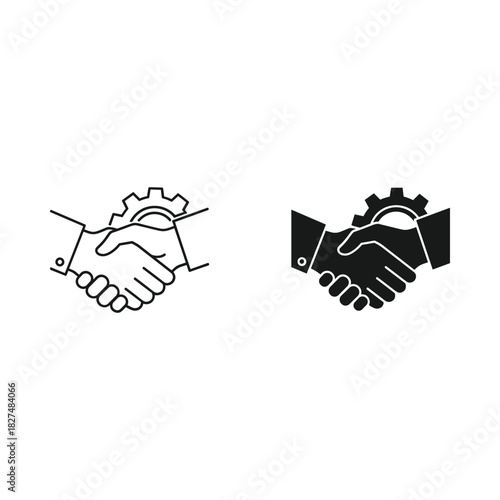 Two styles of handshake icon with a gear in the middle representing partnership
