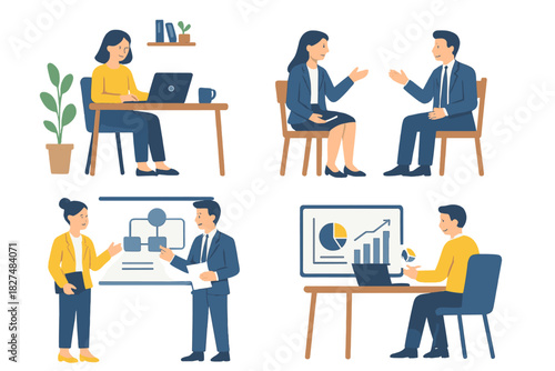 Business professionals working, collaborating, and analyzing data during presentations