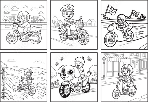 Motorcycle adventure coloring page bundle for kids, black line art vector illustration doodle set of cute biker vector elements