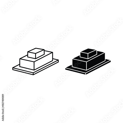 Two simple isometric building icons one outlined and one filled