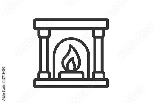 Minimalist outline drawing of a cozy fireplace with a burning flame and hearth structure