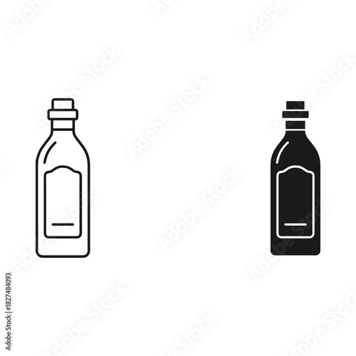 Simple line art and solid silhouette of a glass bottle with label