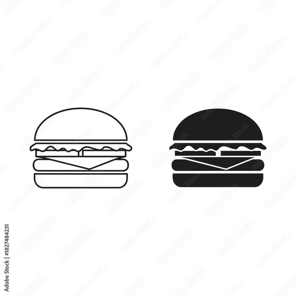 Fototapeta premium Simple outline and solid silhouette icons of a cheeseburger