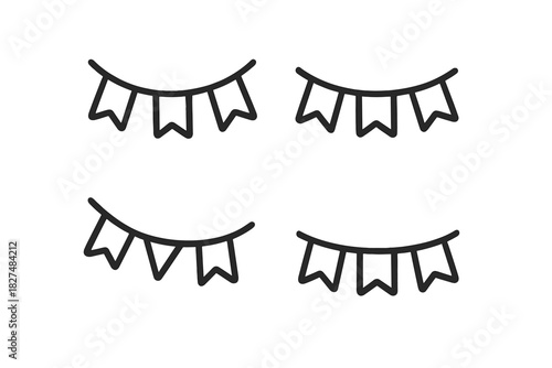 Minimalist outline graphic featuring four hanging party bunting flags and garlands
