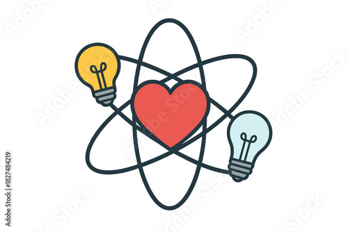 Abstract heart symbol with orbital lines connecting to two light bulbs representing emotional intelligence