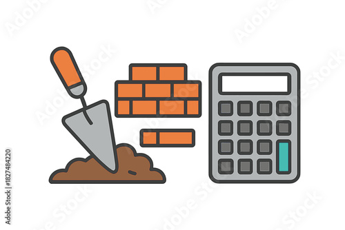 Iconic representation of construction cost estimation using trowel, bricks, and calculator