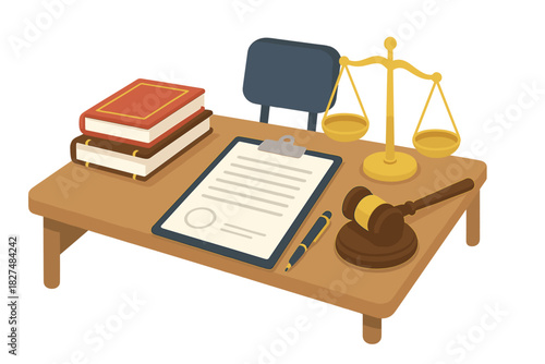 Legal elements on a wooden desk: judge's gavel, scales of justice, law books, and document