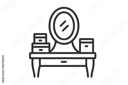 Minimalist bedroom vanity desk featuring an oval mirror and cosmetic storage containers