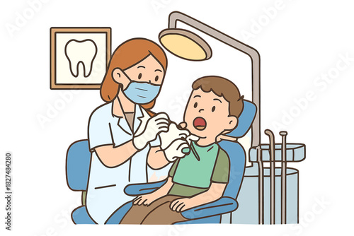 Dentist examining a young boy's open mouth during a pediatric dental appointment