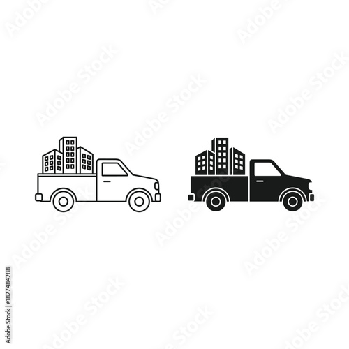 Two stylized pickup trucks carrying city buildings in their beds