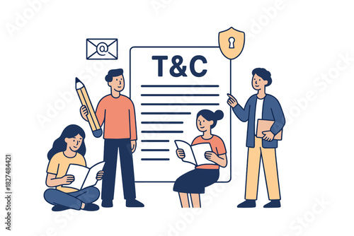 Colleagues analyzing legal contract details and terms of service with security protection