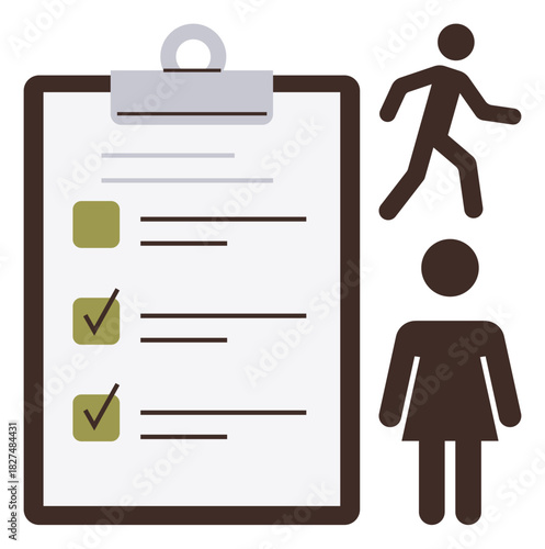 Large clipboard with checkboxes, checkmarks. Simple human silhouettes suggesting tasks, action, productivity. Ideal for project management, task tracking, productivity, planning organization