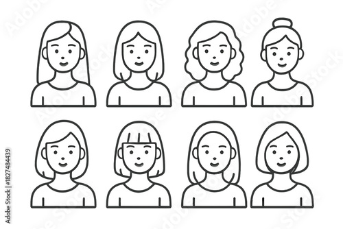 Diverse minimalist line art icons of women's faces and hairstyles for user profiles