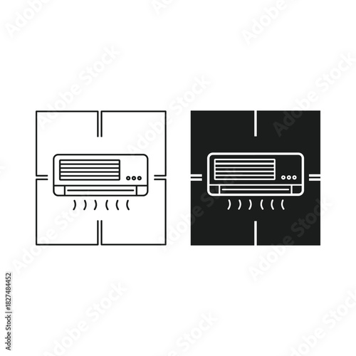 Split system air conditioner unit in white and black outline and silhouette