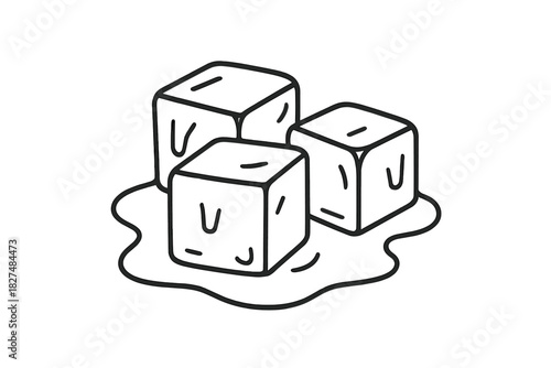 Simple hand drawn outline of three melting ice cubes on a white background