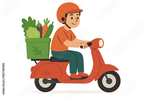 Courier riding a vintage scooter delivering fresh organic vegetables and groceries