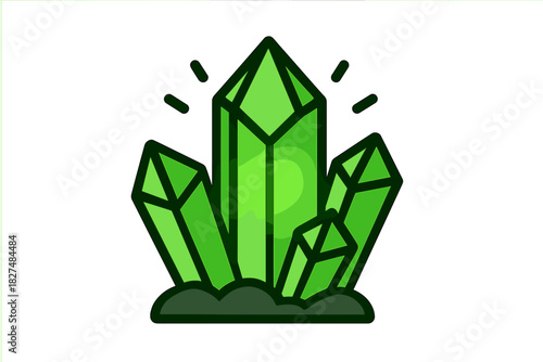 Vibrant green quartz crystal formation with glowing light elements and dark outline