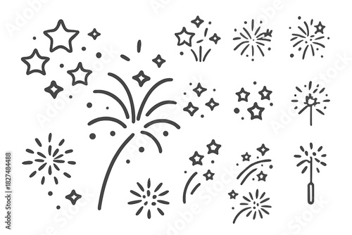 Minimal outline icons set featuring festive fireworks, sparkling stars, and celebration light effects