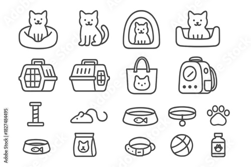 Outline icons for domestic cat care supplies including beds, carriers, food, and toys