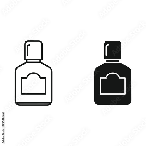 Two stylized icons of a small bottle with a cap and label area