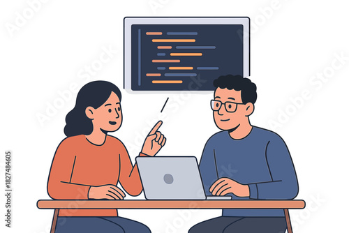 Software developers collaborating on a project, reviewing code displayed on a large screen
