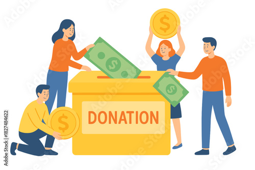 Four people contributing cash and gold coins into a large yellow box for charitable giving