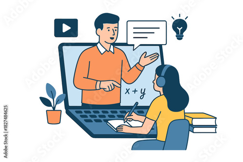 Student taking notes during a remote math lesson with a teacher on a laptop screen