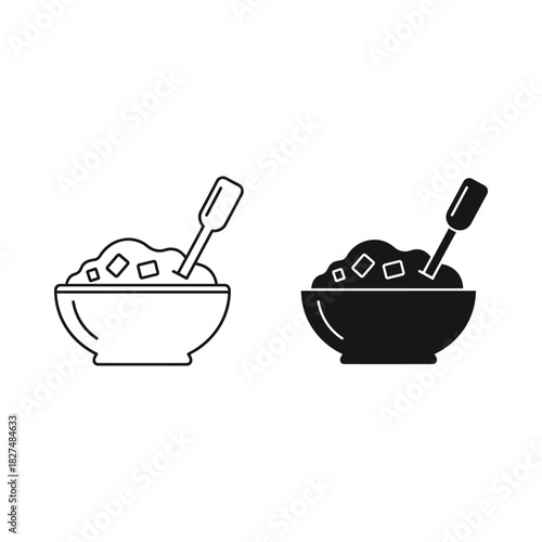 Simple line art and silhouette icons of a bowl of food with a spoon