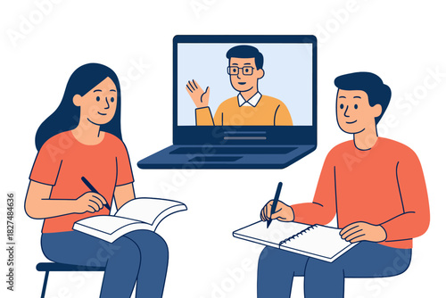 Two people attending a virtual lecture displayed on a laptop screen and taking notes