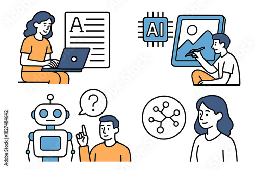 Artificial intelligence concepts set: content creation, digital art, robot interaction, and machine learning