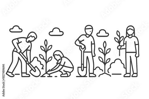Group of people planting trees and seedlings for environmental conservation