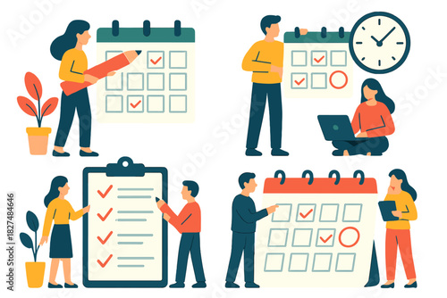 Business professionals scheduling tasks and marking deadlines on a calendar for time management