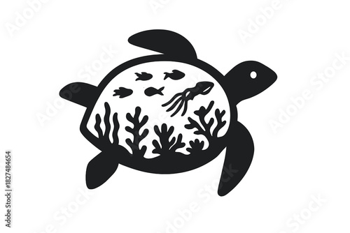 Stylized black silhouette of a sea turtle containing an underwater ocean life scene