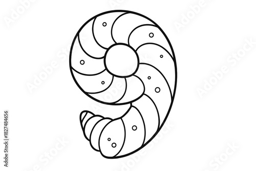 Detailed black and white outline drawing of a spiral seashell or nautilus shell