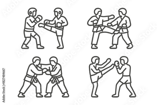 Outline graphics showing martial arts and combat sports actions including striking and grappling