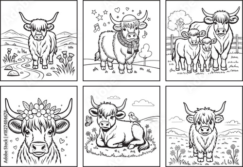 Beautiful highland cow with flower decorative coloring page bundle for kids, black line art vector illustration doodle set
