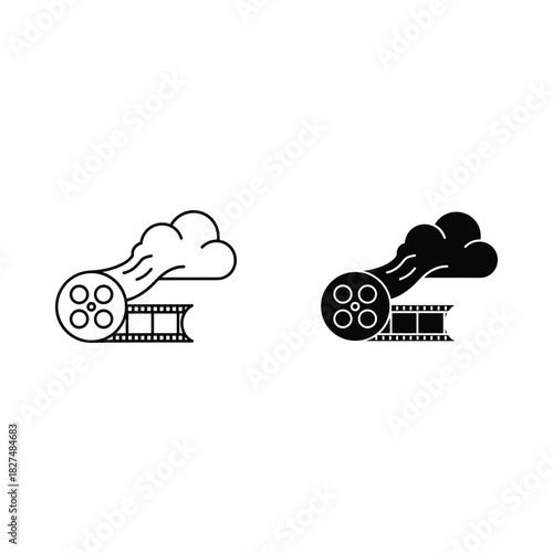 Film reel with smoke cloud in black and white outline and solid fill