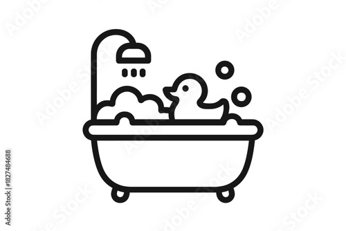 Simple black and white line art icon of a rubber duck taking a bubble bath in a bathtub