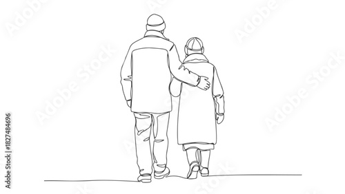 Line art of elderly couple in continuous one line drawing style symbol of love and companionship