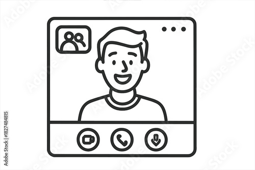 Outline style icon showing a smiling man in a video conference call interface
