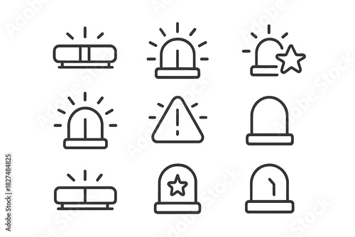 Outline icons set for emergency services, police sirens, alarm signals, and hazard warnings