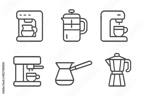 Coffee brewing equipment including espresso machine, French press, Moka pot, and drip maker