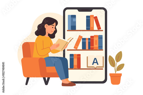 Woman reading physical book and accessing digital library on smartphone