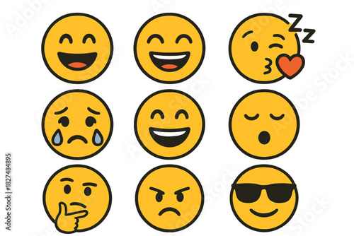 Collection of nine yellow face emoticons showing common human emotions and expressions