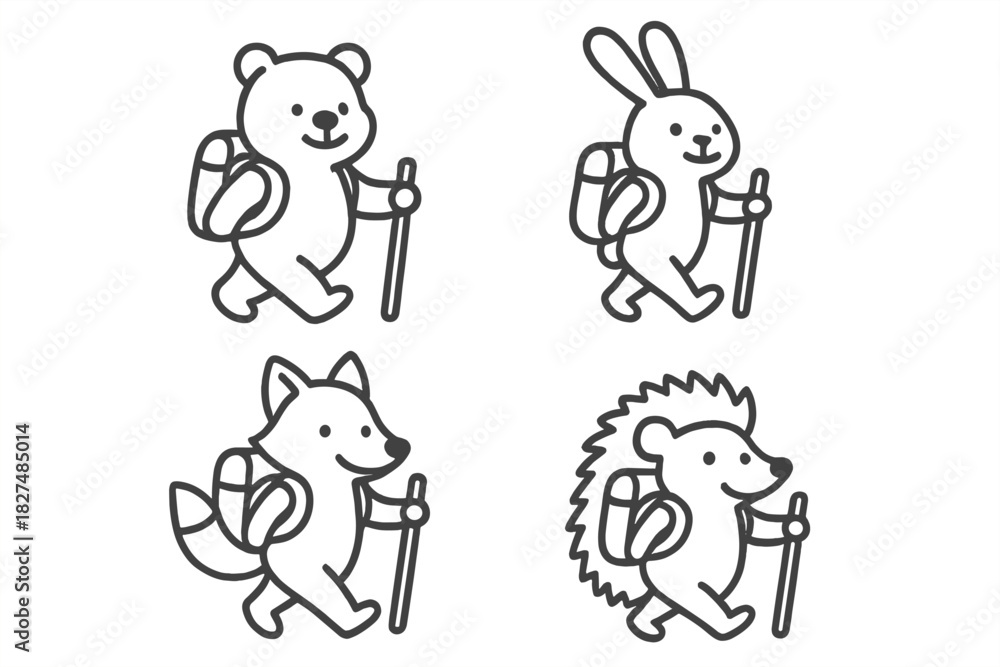 Fototapeta premium Cute cartoon bear rabbit fox and hedgehog hiking with backpacks and walking sticks