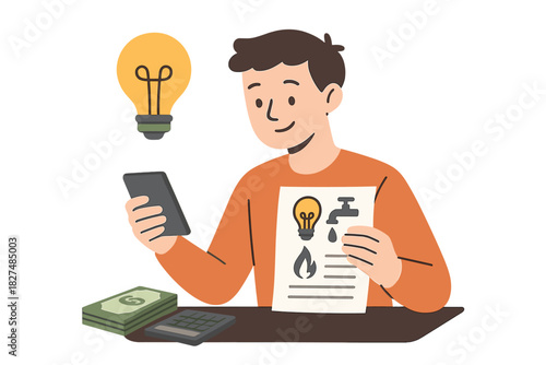 Man calculating utility expenses using smartphone and paper bill icons