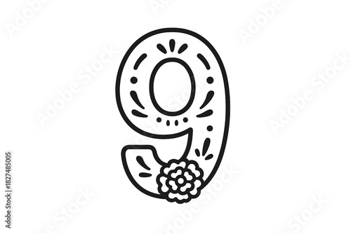 Ornate black outline nine with intricate floral ornament and traditional decorative folk art details