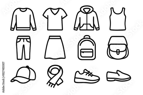 Outline icons collection for everyday clothing, footwear, and fashion accessories